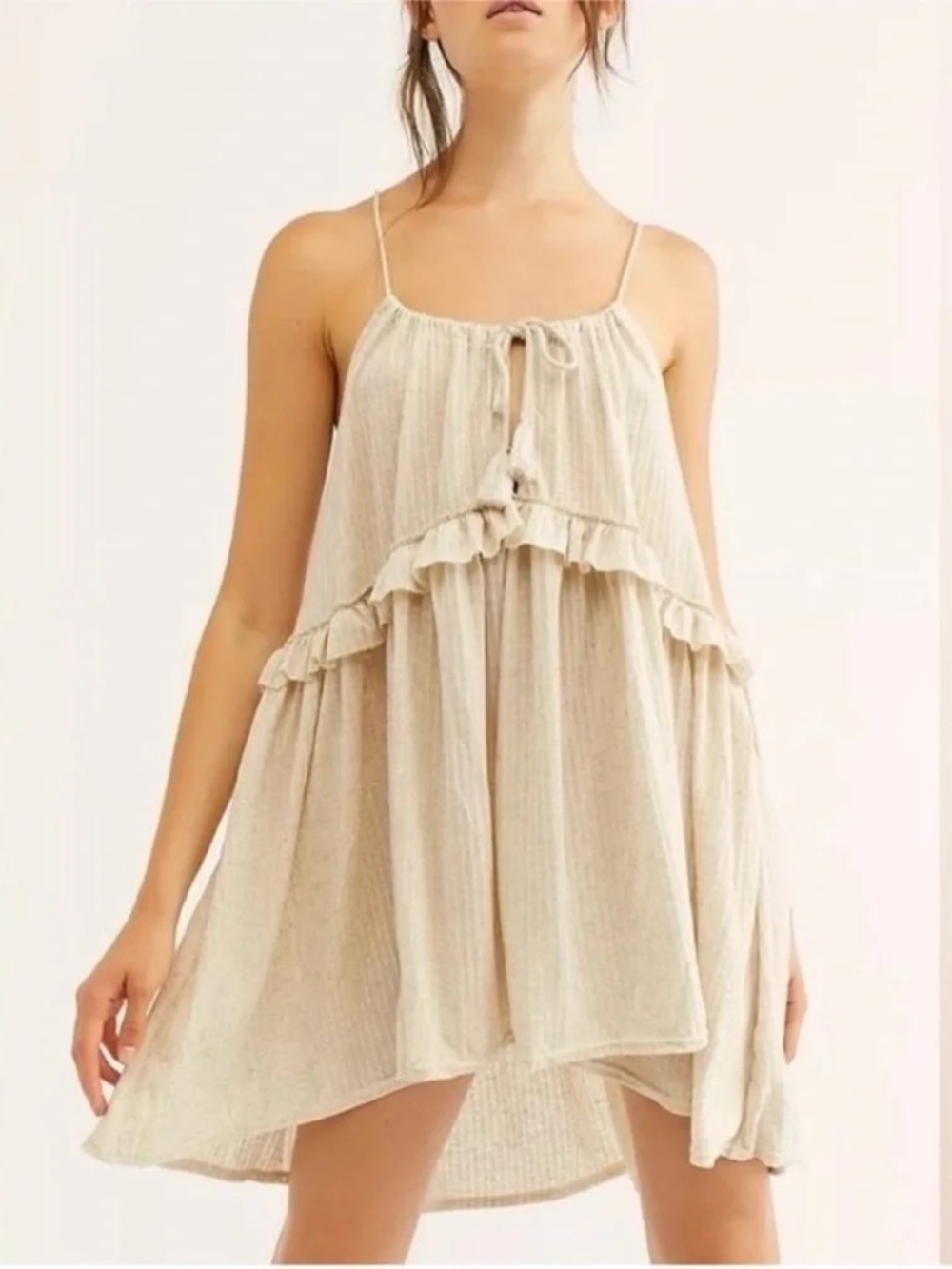 Free People Beach Rosaline Cream Ruffle Tiered Spaghetti-Strap Mini Dress
